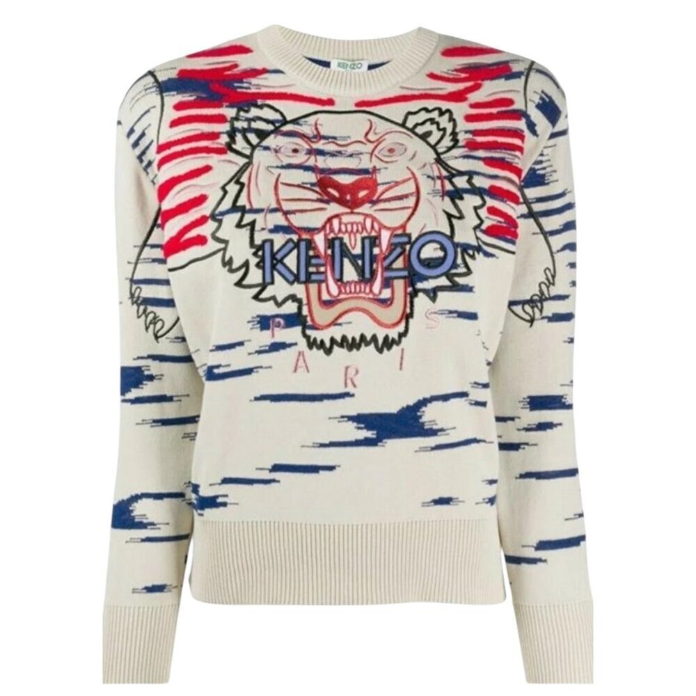 Kenzo Tiger Embroidered Wave Knit Sweater Cream Red Blue Size XS